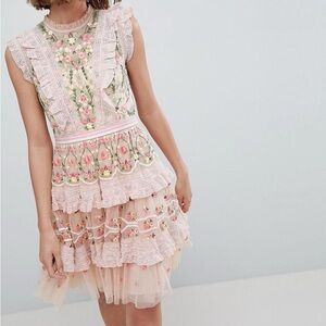 Needle and Thread Pink High Neck Mini Dress with Embroidery